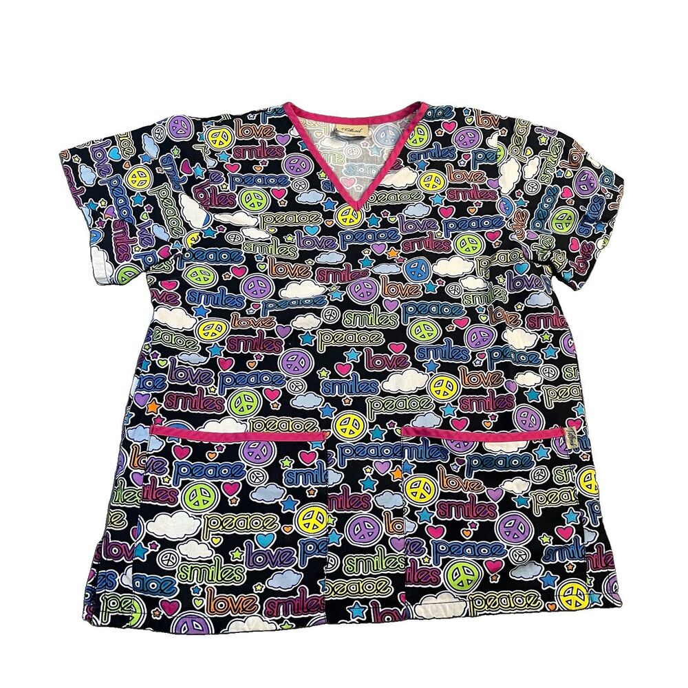 Tafford Smile Peace Sign Print Short Sleeve Scrub Nurse Top Shirt Womens Size M